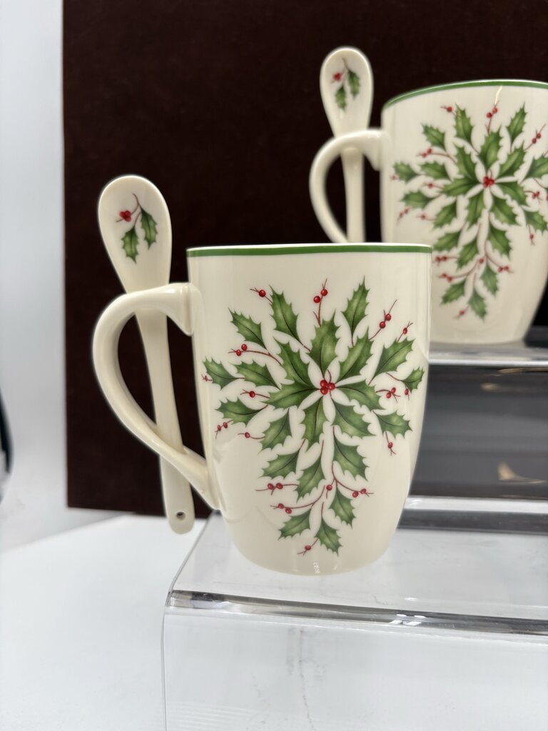 Lenox Holiday American by Design Holly Leaf Hot Coco Mug w/ Spoon 14oz (2Pcs)