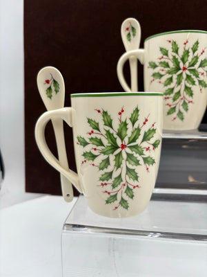Lenox Holiday American by Design Holly Leaf Hot Coco Mug w/ Spoon 14oz (2Pcs)