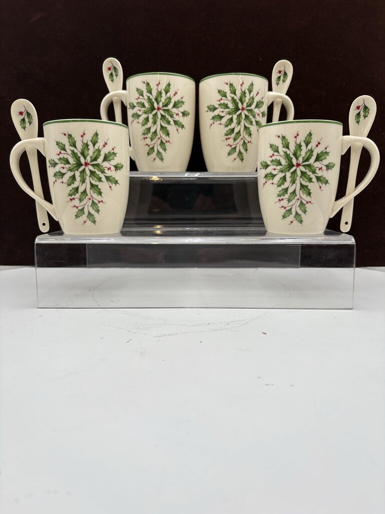Lenox Holiday American by Design Holly Leaf Hot Coco Mug w/ Spoon 14oz (2Pcs)