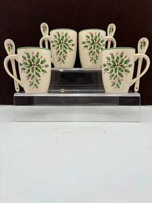 Lenox Holiday American by Design Holly Leaf Hot Coco Mug w/ Spoon 14oz (2Pcs)