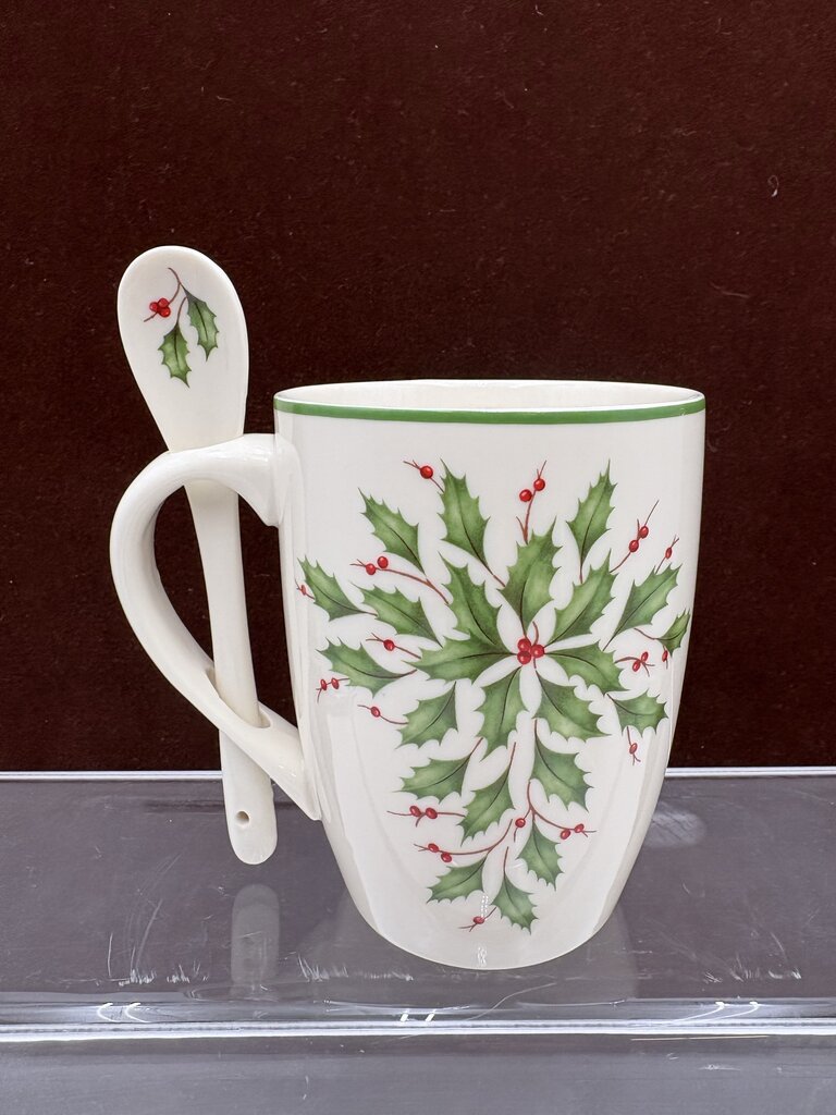 Lenox Holiday American by Design Holly Leaf Hot Coco Mug w/ Spoon 14oz (2Pcs)