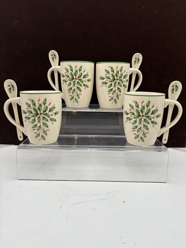 Lenox Holiday American by Design Holly Leaf Hot Coco Mug w/ Spoon 14oz (2Pcs)