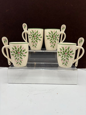 Lenox Holiday American by Design Holly Leaf Hot Coco Mug w/ Spoon 14oz (2Pcs)