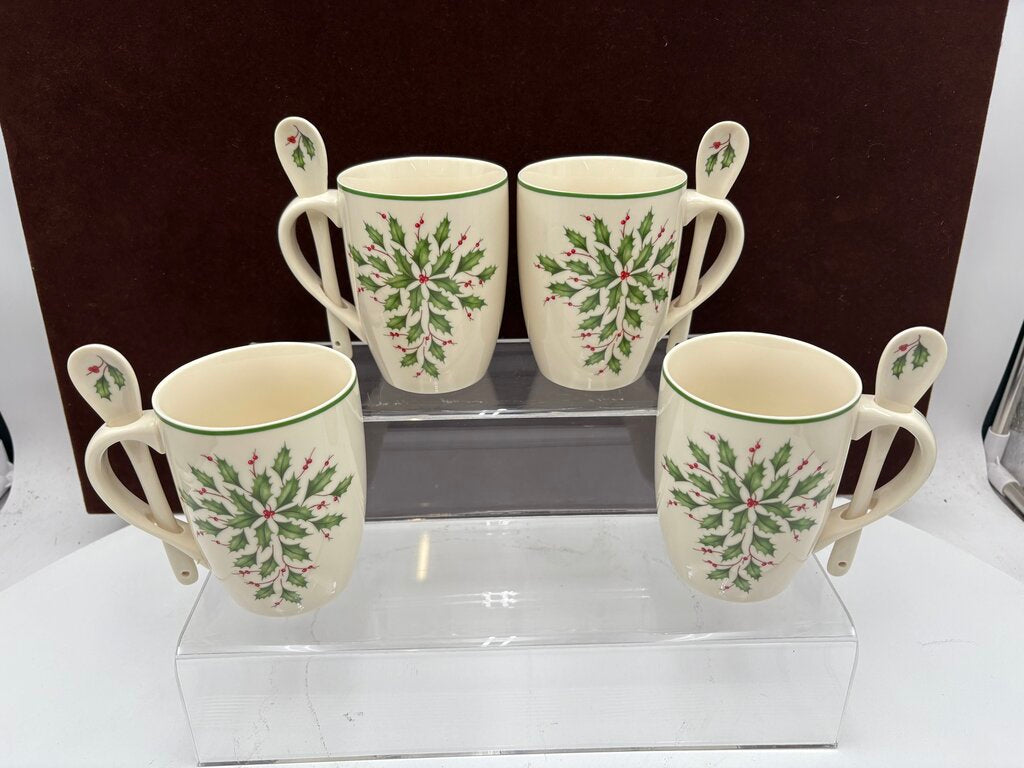 Lenox Holiday American by Design Holly Leaf Hot Coco Mug w/ Spoon 14oz (2Pcs)