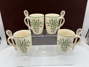 Lenox Holiday American by Design Holly Leaf Hot Coco Mug w/ Spoon 14oz (2Pcs)