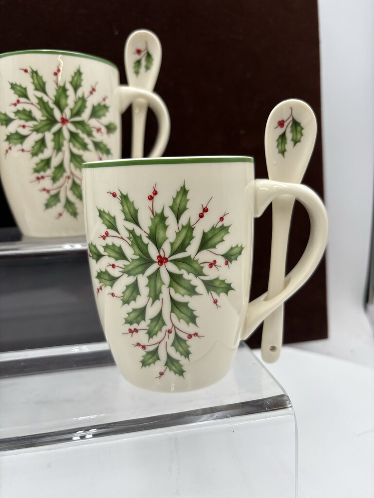 Lenox Holiday American by Design Holly Leaf Hot Coco Mug w/ Spoon 14oz (2Pcs)