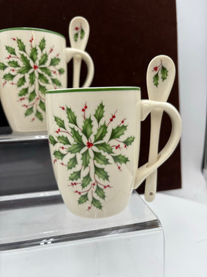 Lenox Holiday American by Design Holly Leaf Hot Coco Mug w/ Spoon 14oz (2Pcs)