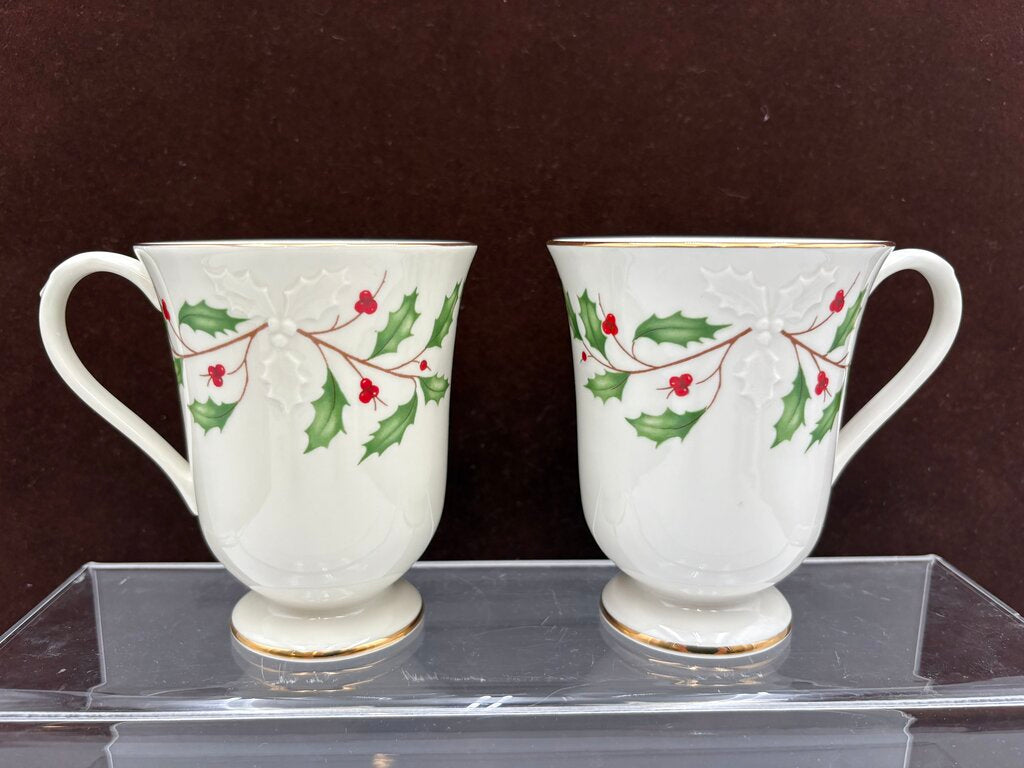 Lenox Holiday Dimensions Collection Holly Leaf Footed Mugs 12oz (PAIR)