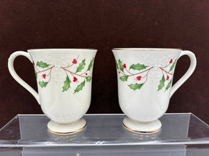Lenox Holiday Dimensions Collection Holly Leaf Footed Mugs 12oz (PAIR)