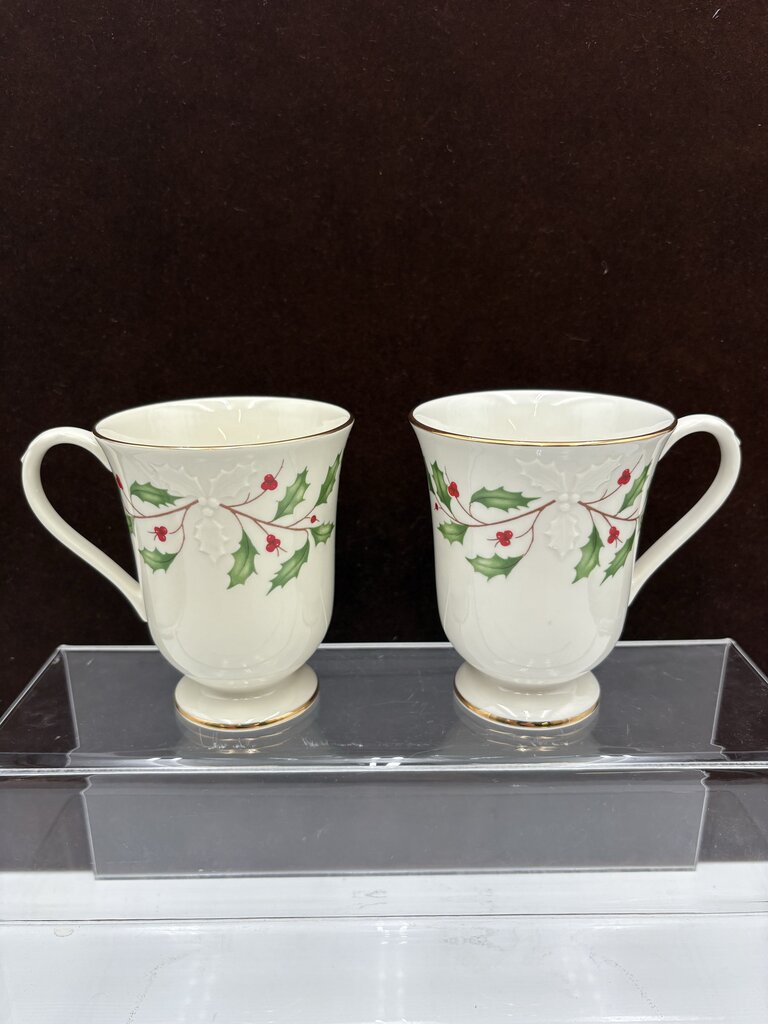 Lenox Holiday Dimensions Collection Holly Leaf Footed Mugs 12oz (PAIR)