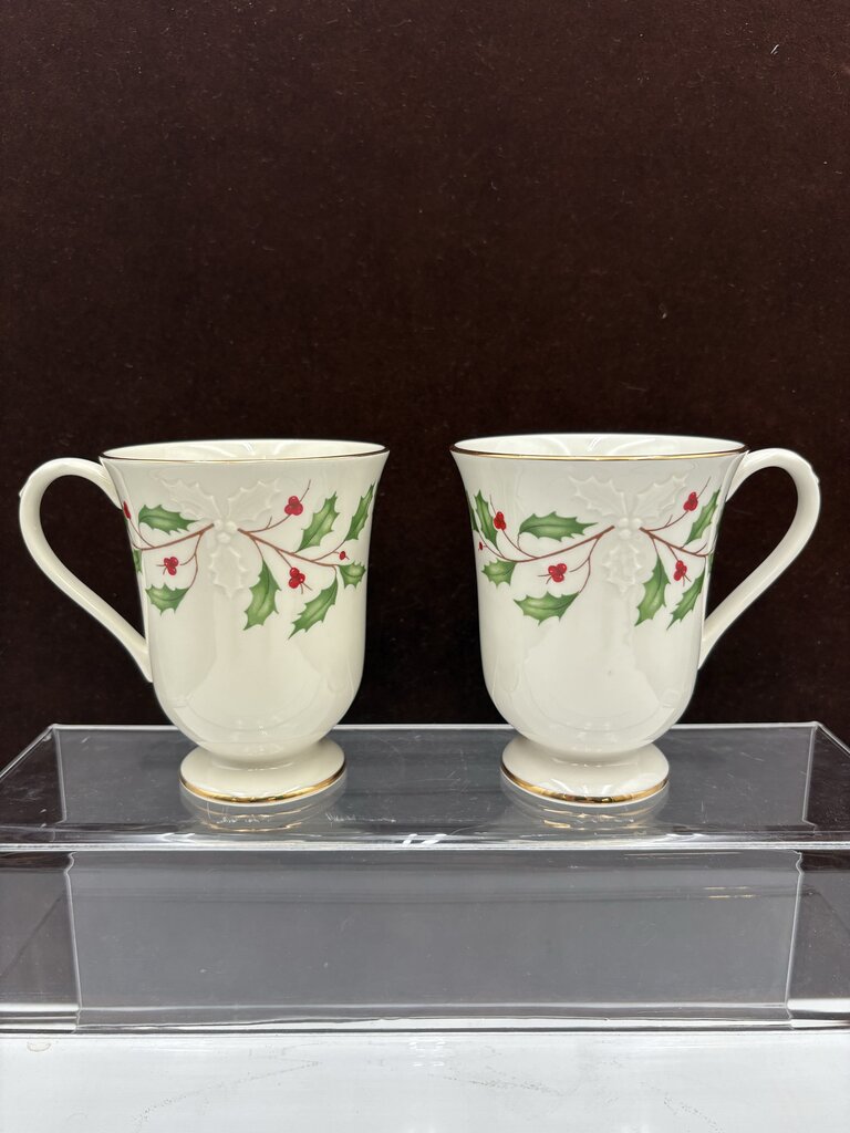 Lenox Holiday Dimensions Collection Holly Leaf Footed Mugs 12oz (PAIR)