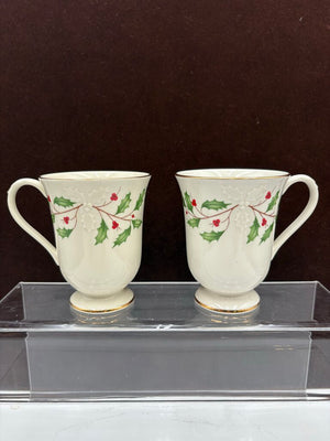 Lenox Holiday Dimensions Collection Holly Leaf Footed Mugs 12oz (PAIR)