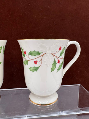 Lenox Holiday Dimensions Collection Holly Leaf Footed Mugs 12oz (PAIR)