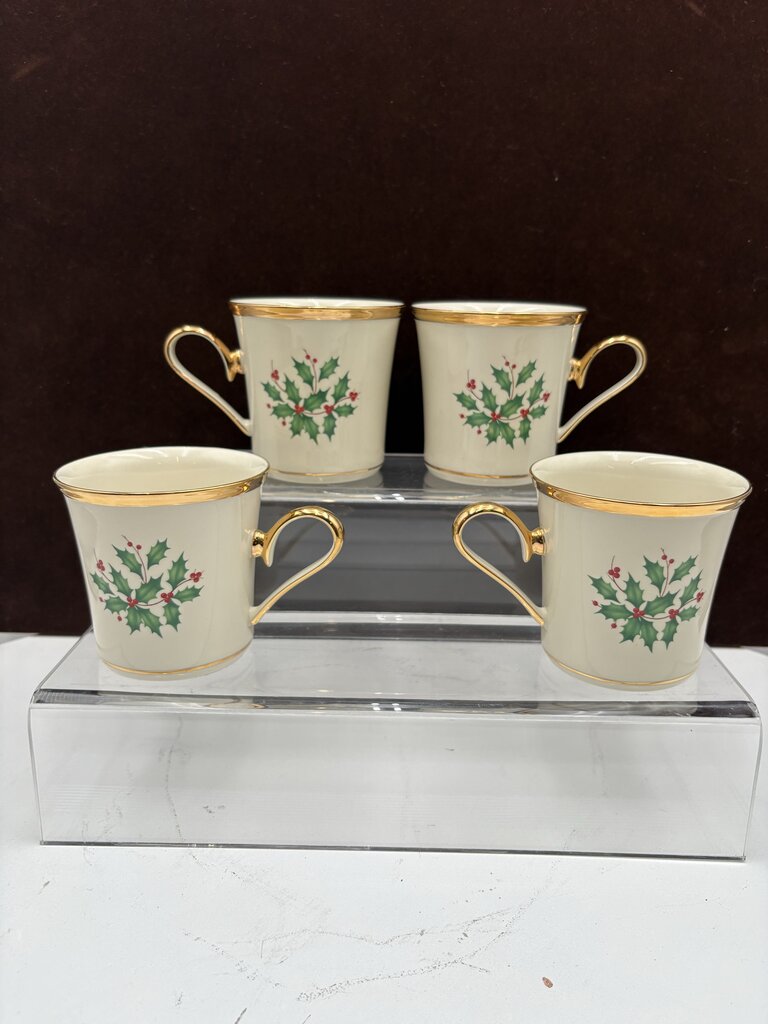 Lenox Holiday American by Design Gold Trim Holly Leaf Coffee Cups 11oz (4Pcs)