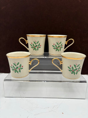 Lenox Holiday American by Design Gold Trim Holly Leaf Coffee Cups 11oz (4Pcs)