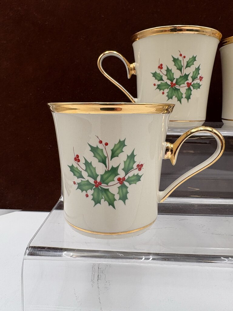 Lenox Holiday American by Design Gold Trim Holly Leaf Coffee Cups 11oz (4Pcs)