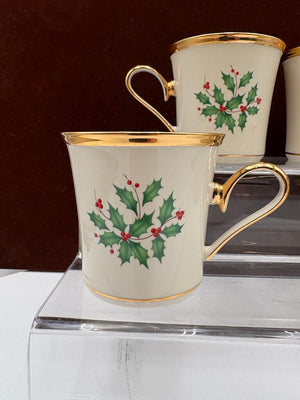 Lenox Holiday American by Design Gold Trim Holly Leaf Coffee Cups 11oz (4Pcs)