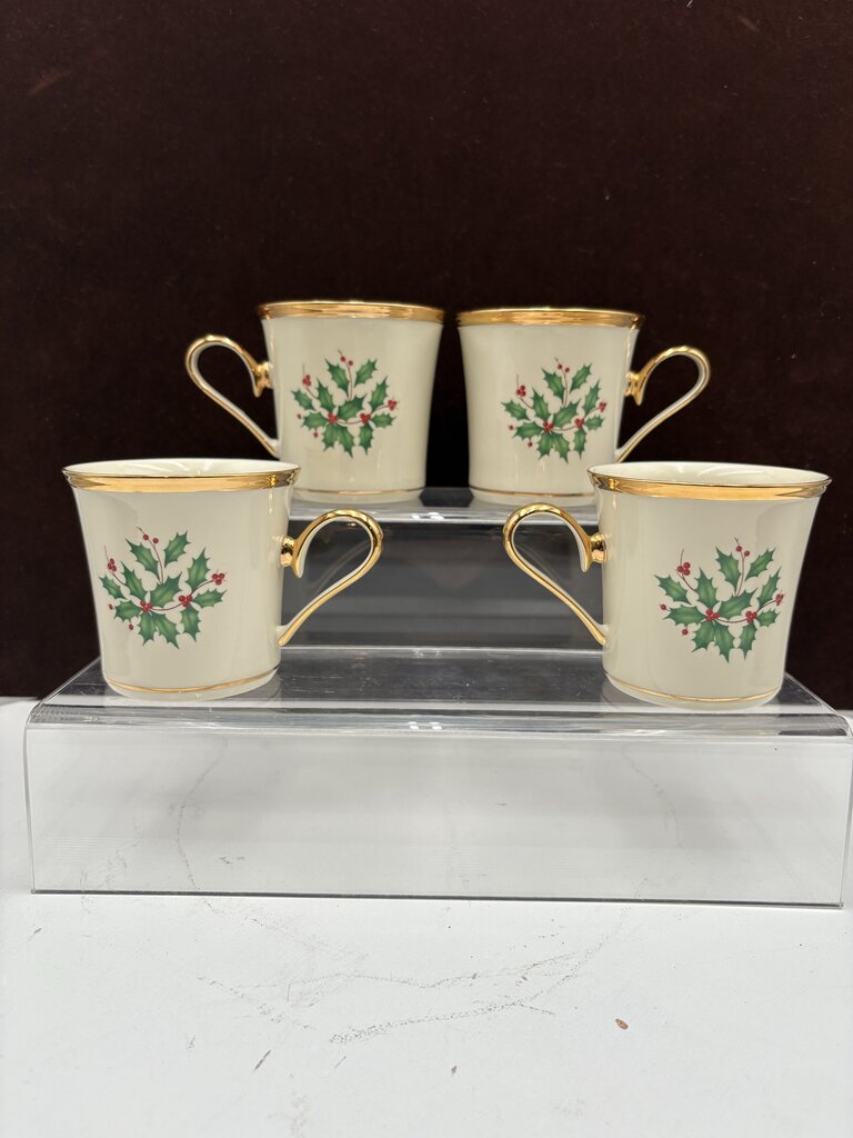 Lenox Holiday American by Design Gold Trim Holly Leaf Coffee Cups 11oz (4Pcs)
