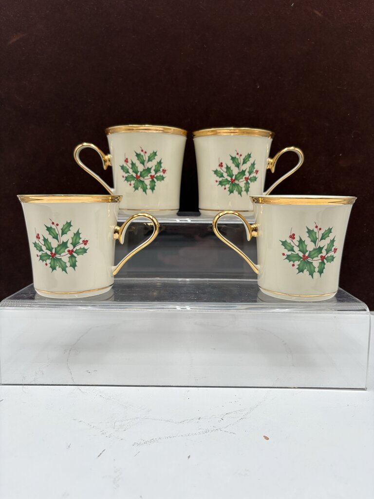 Lenox Holiday American by Design Gold Trim Holly Leaf Coffee Cups 11oz (4Pcs)