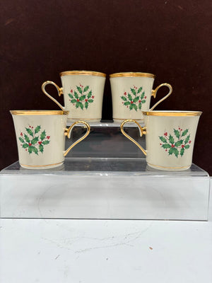 Lenox Holiday American by Design Gold Trim Holly Leaf Coffee Cups 11oz (4Pcs)
