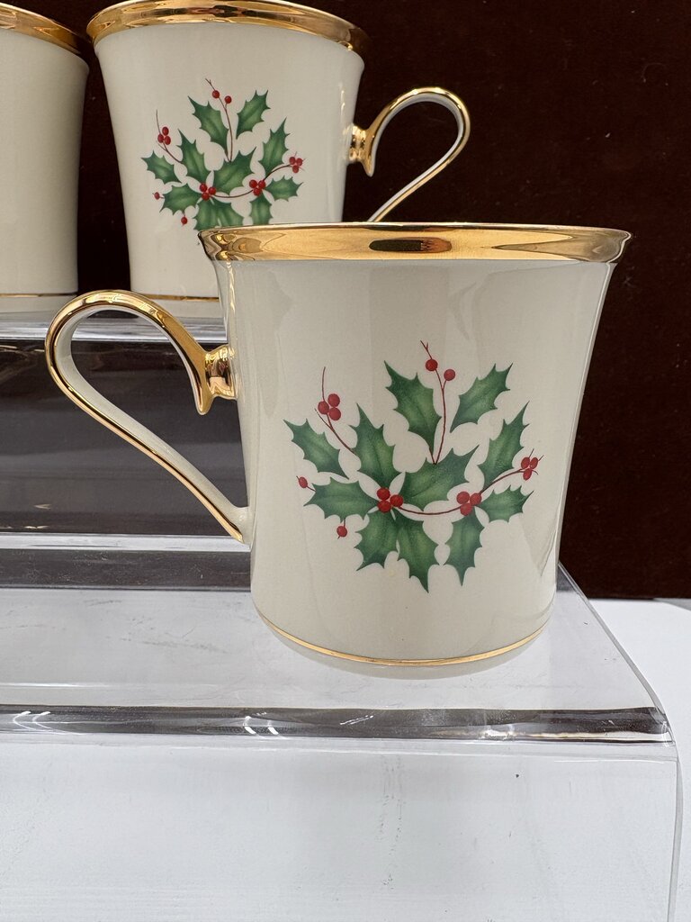 Lenox Holiday American by Design Gold Trim Holly Leaf Coffee Cups 11oz (4Pcs)