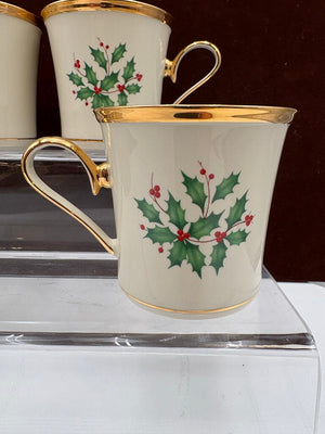 Lenox Holiday American by Design Gold Trim Holly Leaf Coffee Cups 11oz (4Pcs)
