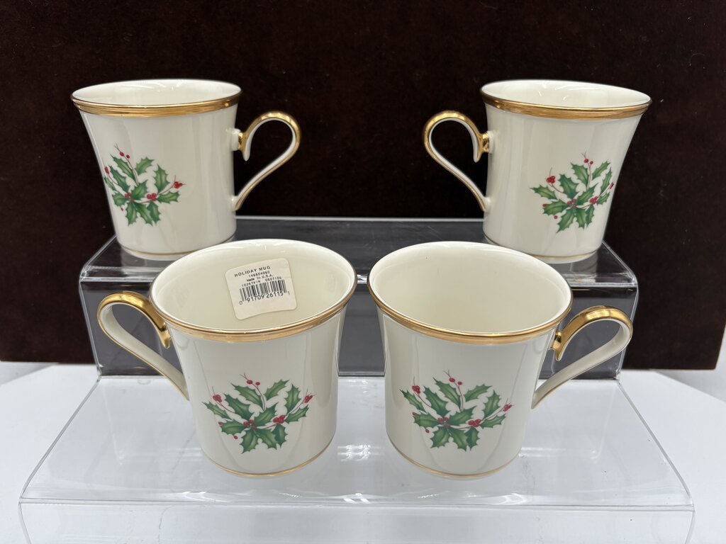 Lenox Holiday Dimensions Collection Gold Trim Holly Leaf Coffee Cups 10oz (4Pcs)