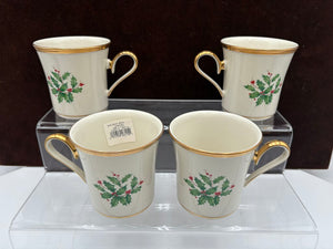 Lenox Holiday Dimensions Collection Gold Trim Holly Leaf Coffee Cups 10oz (4Pcs)