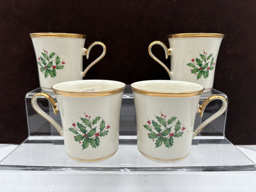 Lenox Holiday Dimensions Collection Gold Trim Holly Leaf Coffee Cups 10oz (4Pcs)