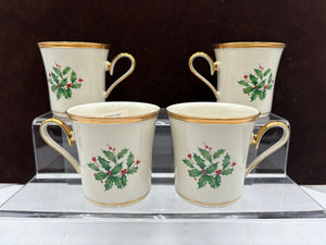 Lenox Holiday Dimensions Collection Gold Trim Holly Leaf Coffee Cups 10oz (4Pcs)