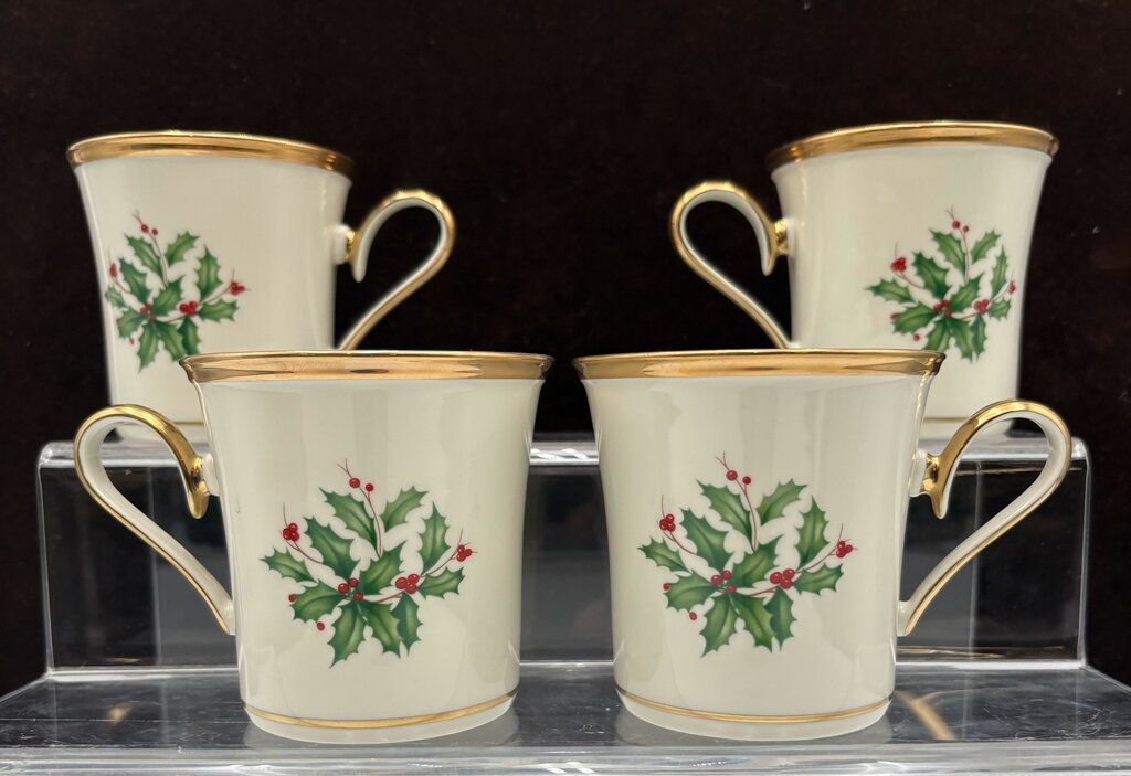 Lenox Holiday Dimensions Collection Gold Trim Holly Leaf Coffee Cups 10oz (4Pcs)
