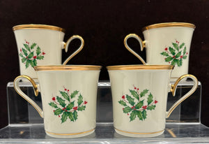 Lenox Holiday Dimensions Collection Gold Trim Holly Leaf Coffee Cups 10oz (4Pcs)