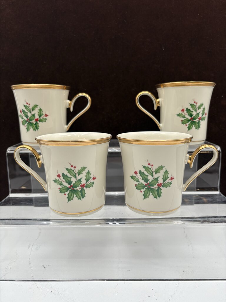 Lenox Holiday Dimensions Collection Gold Trim Holly Leaf Coffee Cups 10oz (4Pcs)