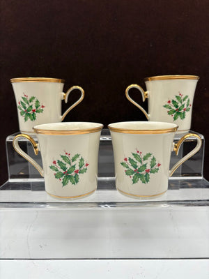 Lenox Holiday Dimensions Collection Gold Trim Holly Leaf Coffee Cups 10oz (4Pcs)