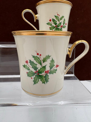 Lenox Holiday Dimensions Collection Gold Trim Holly Leaf Coffee Cups 10oz (4Pcs)