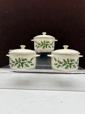 Lenox Holiday American by Design Green Trim Holly Leaf Lidded Mini Casserole Dish 11oz (2Pcs)