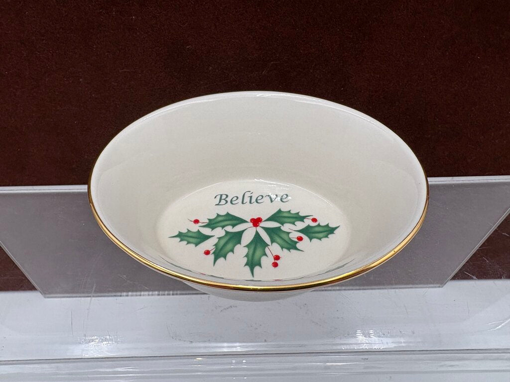Lenox Holiday Dimensions Collection Gold Trim Oval "Believe" Candy Dish