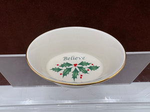 Lenox Holiday Dimensions Collection Gold Trim Oval "Believe" Candy Dish