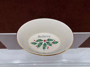 Lenox Holiday Dimensions Collection Gold Trim Oval "Believe" Candy Dish