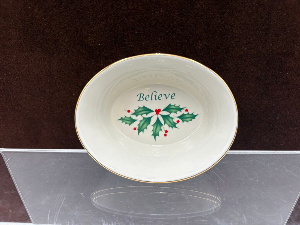 Lenox Holiday Dimensions Collection Gold Trim Oval "Believe" Candy Dish