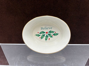 Lenox Holiday Dimensions Collection Gold Trim Oval "Believe" Candy Dish