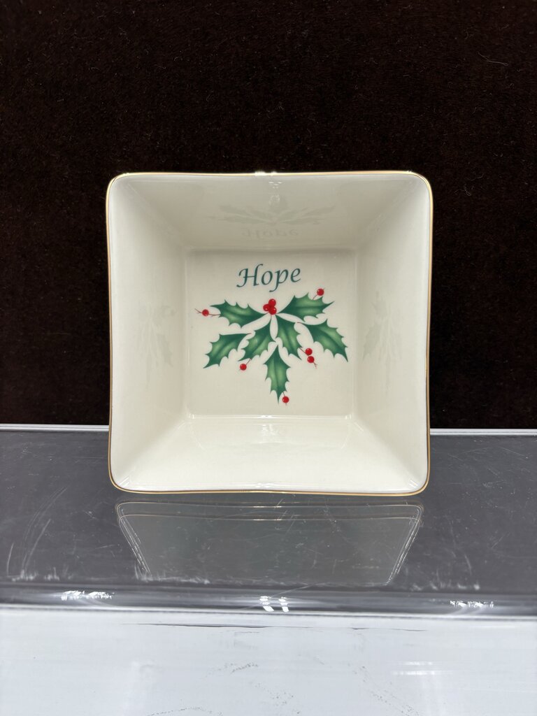 Lenox Holiday Dimensions Collection Gold Trim Square "Hope" Candy Dish