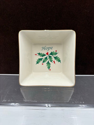 Lenox Holiday Dimensions Collection Gold Trim Square "Hope" Candy Dish