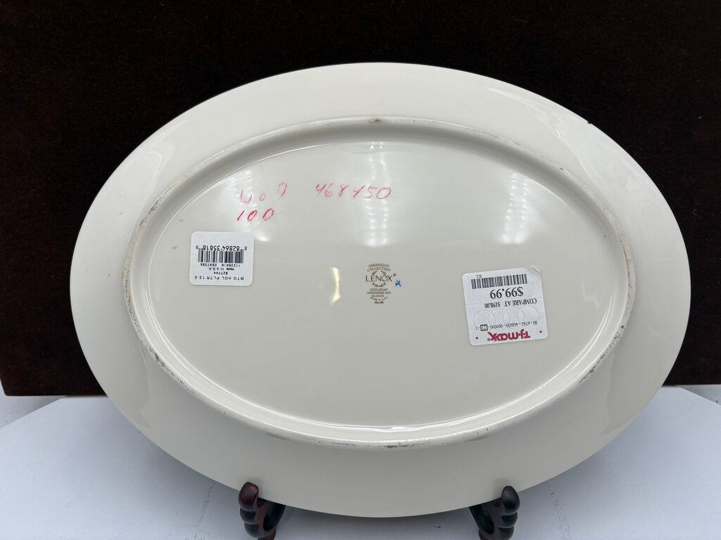 Lenox Holiday Dimensions Collection Gold Trim Holly Leaf Oval Platter 13.8"