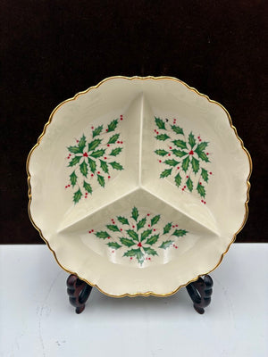 Lenox Holiday American by Design Round Fluted Gold Trim Scalloped Edge Divided Serving Bowl 9.5"