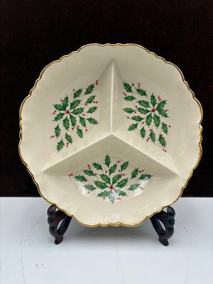 Lenox Holiday American by Design Round Fluted Gold Trim Scalloped Edge Divided Serving Bowl 9.5"