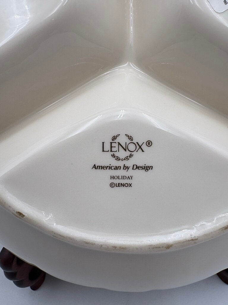 Lenox Holiday American by Design Round Fluted Gold Trim Scalloped Edge Divided Serving Bowl 9.5"