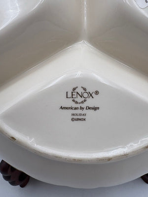 Lenox Holiday American by Design Round Fluted Gold Trim Scalloped Edge Divided Serving Bowl 9.5"