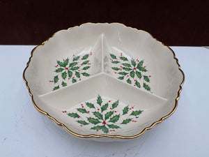 Lenox Holiday American by Design Round Fluted Gold Trim Scalloped Edge Divided Serving Bowl 9.5"