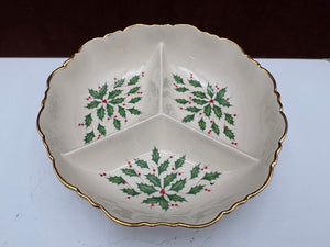 Lenox Holiday American by Design Round Fluted Gold Trim Scalloped Edge Divided Serving Bowl 9.5"